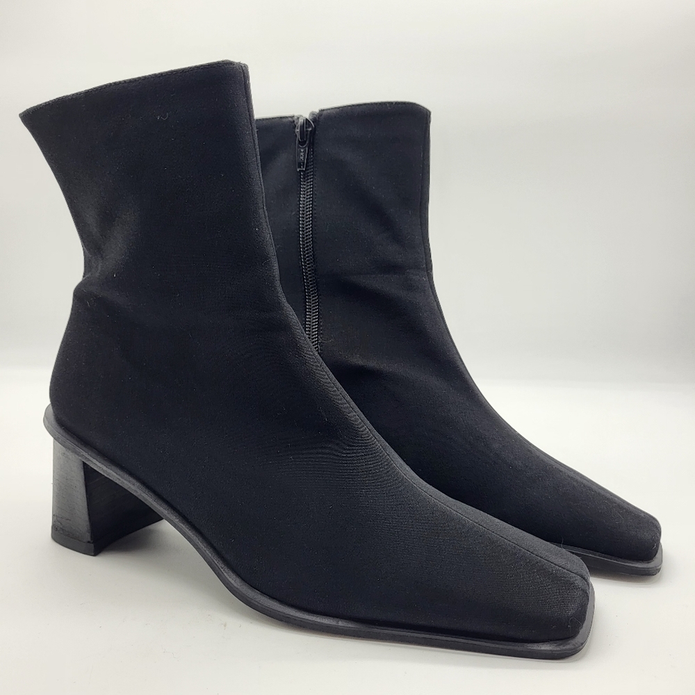Stuart Weitzman black material square toe Classic Feminine ankle boots